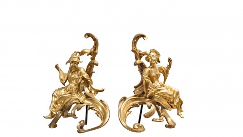 Decorative Objects  - Pair of Louis XV Chinese-style andirons in gilt bronze 