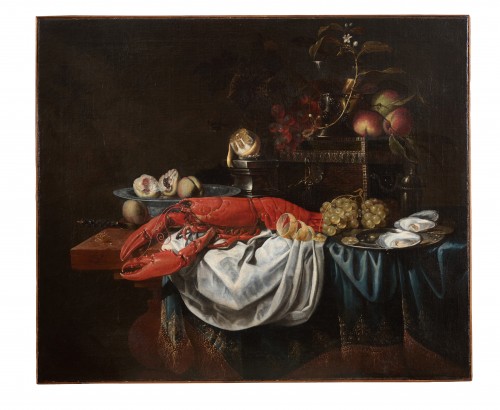 Jan-Baptist Lust, Nature morte avec fruits, homard, huitres et autres objets