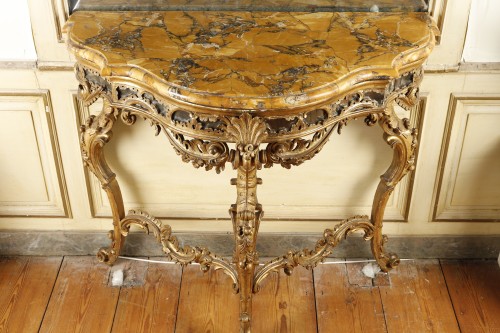 Console italienne bois doré et marbre brèche jaune - Costermans Antiquités