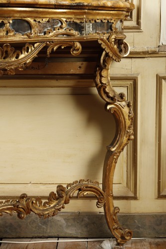 Antiquités - Console italienne bois doré et marbre brèche jaune