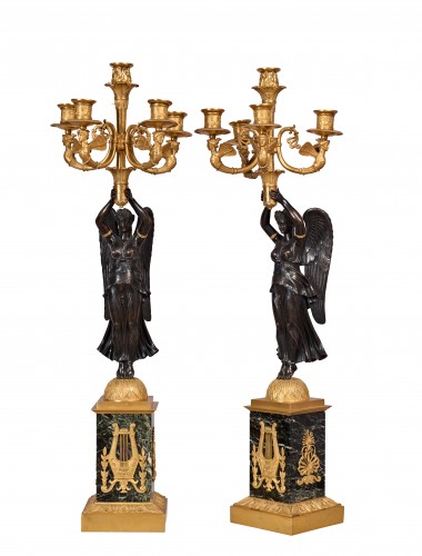 Luminaires Bougeoirs et Chandeliers - Paire de candélabres Empire aux cariatides