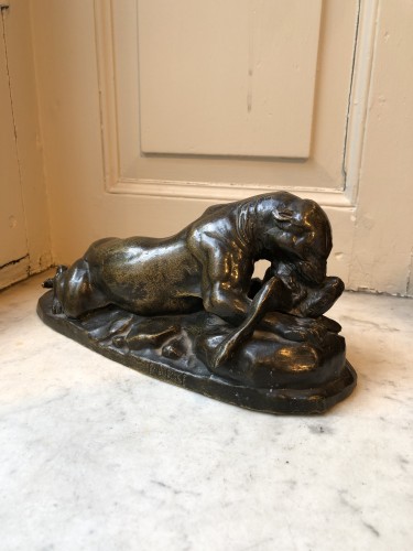 Sculpture  - Antoine-Louis Barye (1795-1875),  leopard and hare