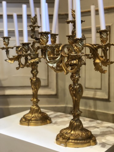Paire de candélabres de style rocaille en bronze doré à 7 bras de lumière - Luminaires Style 