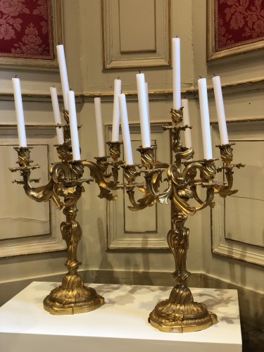 XIXe siècle - Paire de candélabres de style rocaille en bronze doré à 7 bras de lumière