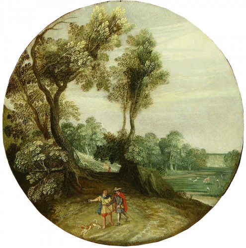 David II Ryckart (Antwerp 1586-1642) Landscape with two travellers and dog