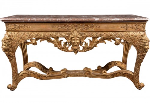 Table à gibier d'époque Régence en bois sculpté doré et marbre Rouge Royal