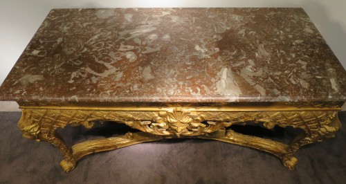 Mobilier Console - Table à gibier d'époque Régence en bois sculpté doré et marbre Rouge Royal