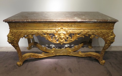 XVIIIe siècle - Table à gibier d'époque Régence en bois sculpté doré et marbre Rouge Royal