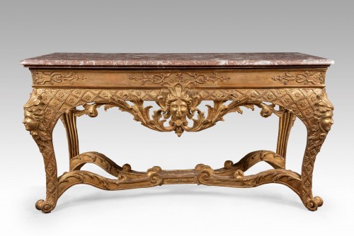 Antiquités - Régence period Table à gibier gilded wood and Rouge Royal marble top