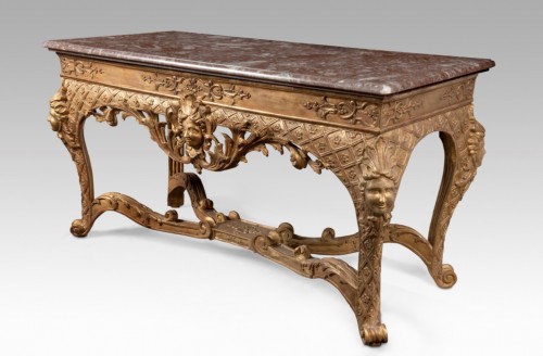 Antiquités - Table à gibier d'époque Régence en bois sculpté doré et marbre Rouge Royal