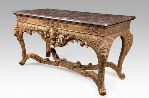 Antiquités - Régence period Table à gibier gilded wood and Rouge Royal marble top