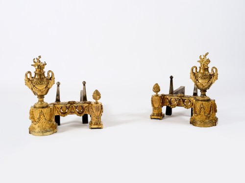 Pair of Louis XVI gilt bronze fire dogs with irons - Decorative Objects Style Louis XVI