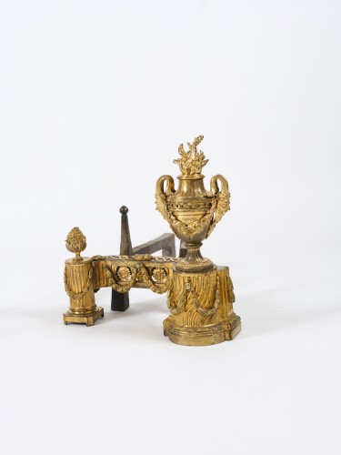 Decorative Objects  - Pair of Louis XVI gilt bronze fire dogs with irons