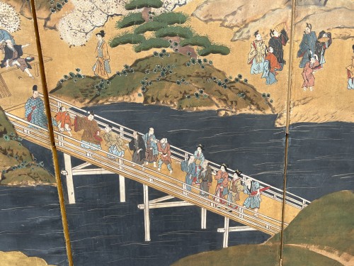 Asian Works of Art  - Japan, folding screen, cherry blossom in a park, 19th century.