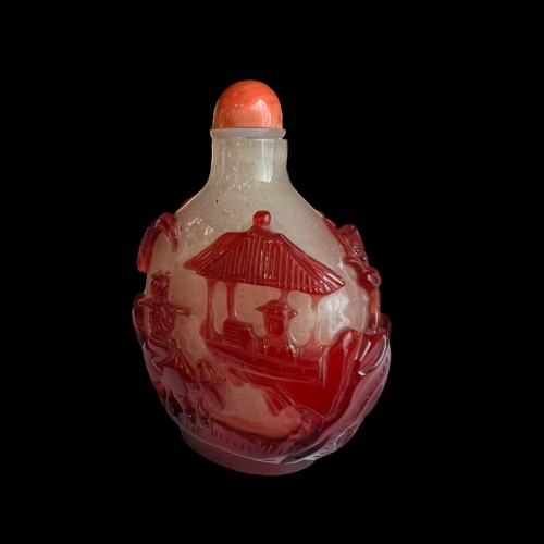 A ruby red overlay glass snuff bottle, Four noble occupations, early - 