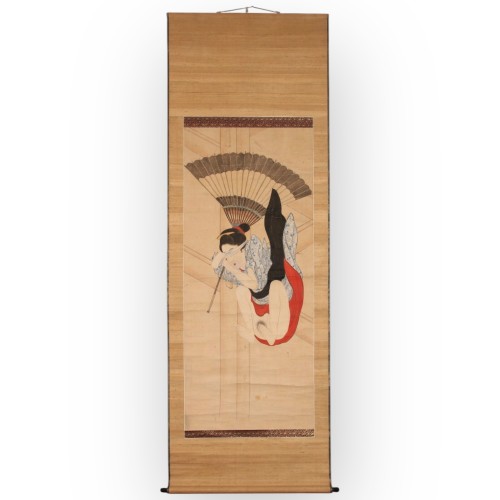 Peinture en rouleau – Femme sautant du balcon de Kiyomizu, Japon, époque Edo