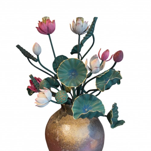 Asian Works of Art  - Set of 26 polychrome wood lotus flowers and leaves, Japan, Meiji period 