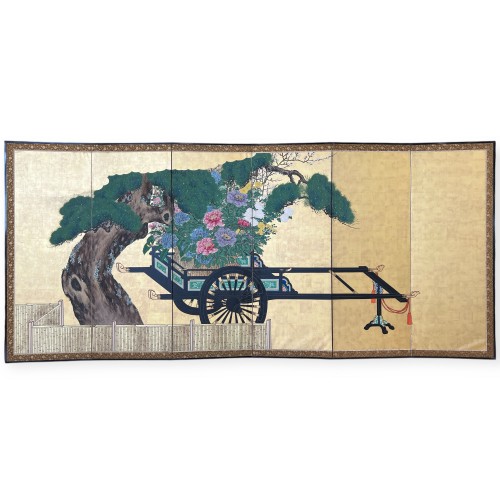 Paravent japonais, Char fleuri, fin de l’époque Edo XIXe siècle - Arts d
