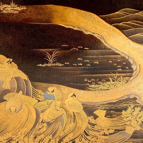 Suzuribako lacquer writing box with sparrows by the water’s edge, Japan late Edo-Meiji - 