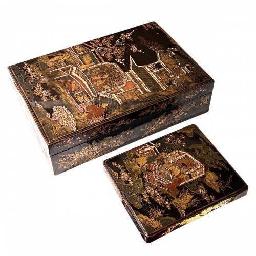 Ryukyu lacquer ensemble with Chinese literati subjects, Momoyama circa 1600