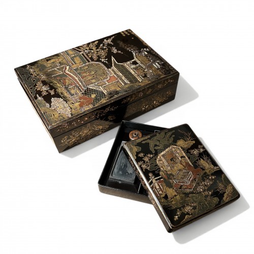 Ryukyu lacquer ensemble with Chinese literati subjects, Momoyama circa 1600 - 