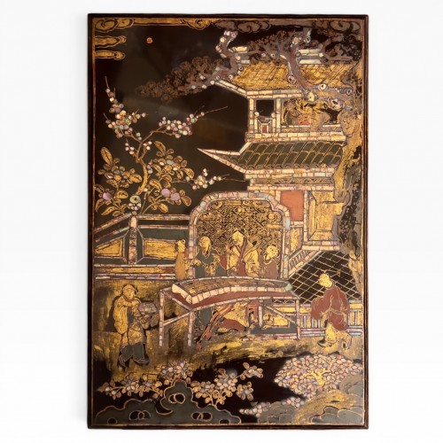 Antiquités - Ryukyu lacquer ensemble with Chinese literati subjects, Momoyama circa 1600