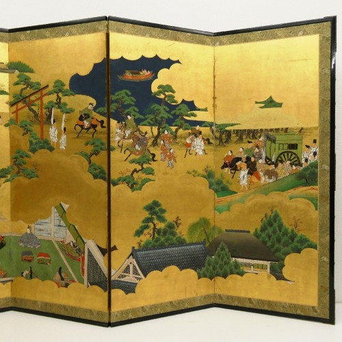 Six-panel screen, Tale of Genji Kano Sosen Toshinobu 1814-1897 - Asian Works of Art Style 