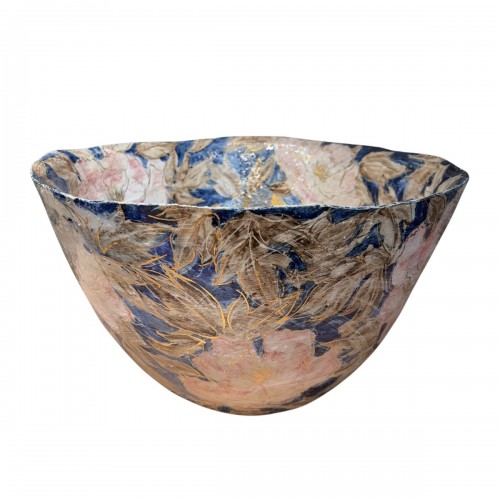Kyoko Shimada, grande coupe en céramique à décor floral et fond or et argent