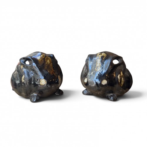 Asian Works of Art  - Ennosai Soshitsu (1872–1924), Pair of Black Raku Rabbit Hand Warmers, Meiji Period