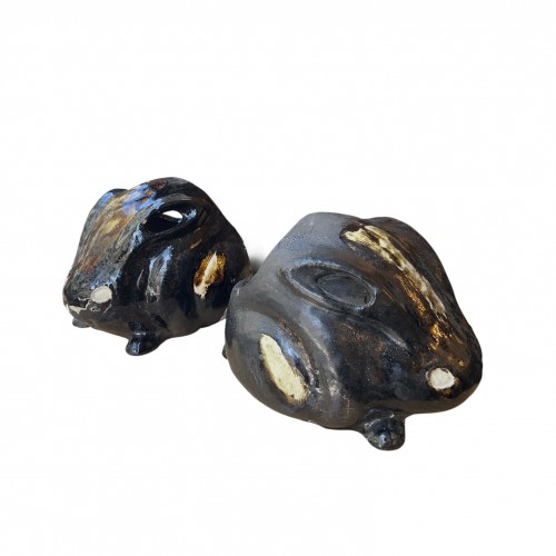 19th century - Ennosai Soshitsu (1872–1924), Pair of Black Raku Rabbit Hand Warmers, Meiji Period