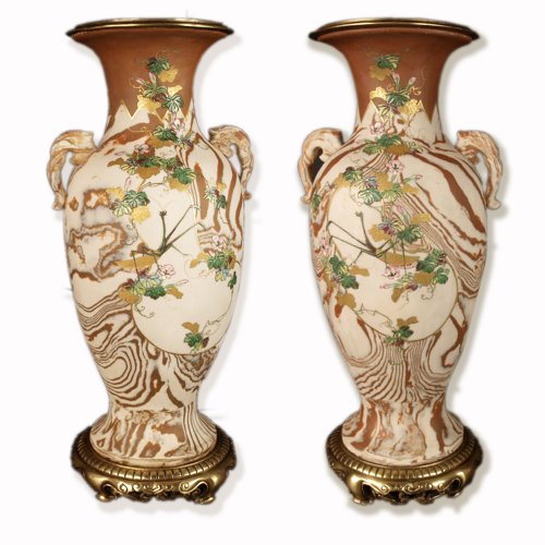 Japanese Marbled biscuit Neriage Nerikomi Banko pair of vases. Meiji period - 