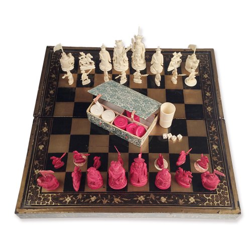 Chinese export Chess set and jacquet (Backgammon) with Lacquer folding tray