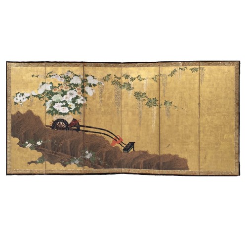 Folding screen with a cart carrying Flowers, Japan Edo period