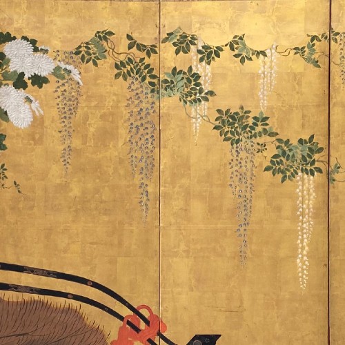 Asian Works of Art  - Folding screen with a cart carrying Flowers, Japan Edo period