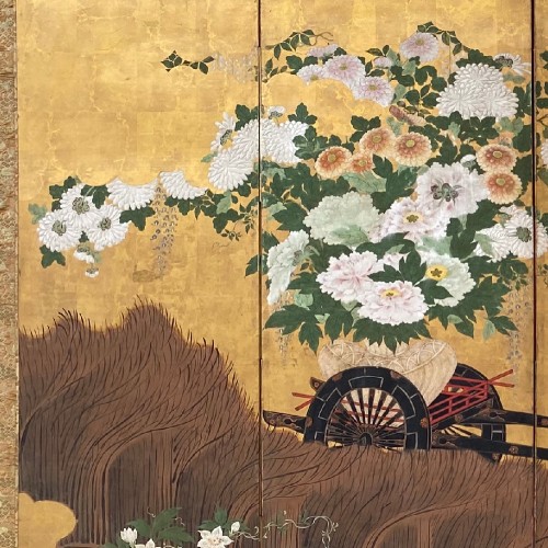 Folding screen with a cart carrying Flowers, Japan Edo period - 