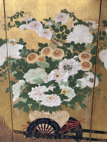 Folding screen with a cart carrying Flowers, Japan Edo period - 