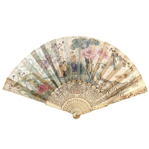 XVIIIe siècle - France Chine - Eventail scène de basse-cour et chinoiseries, 18e siècle