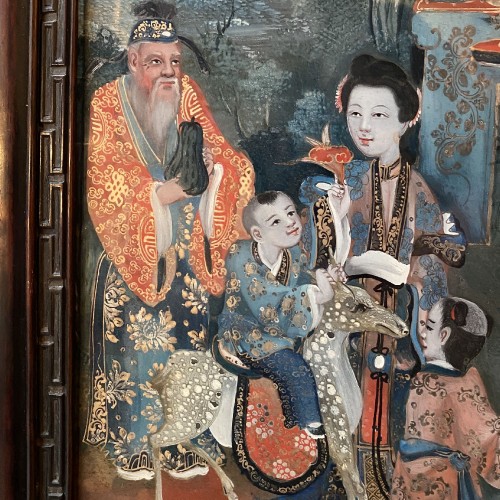 Asian Works of Art  - Reverse glass painting representing the 3 ages of life, China 19th century