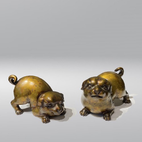 Asian Works of Art  - Japan, pair of bronze puppies, Meiji period