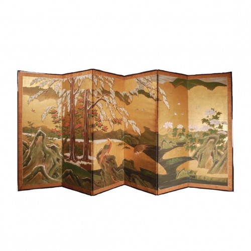 XVIIIe siècle - Japon, Paravent à six feuilles, école de Kano, période Edo