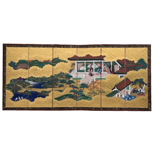 Paravent à 6 feuilles, scènes du Dit du Genji - Japon période Edo vers 1800