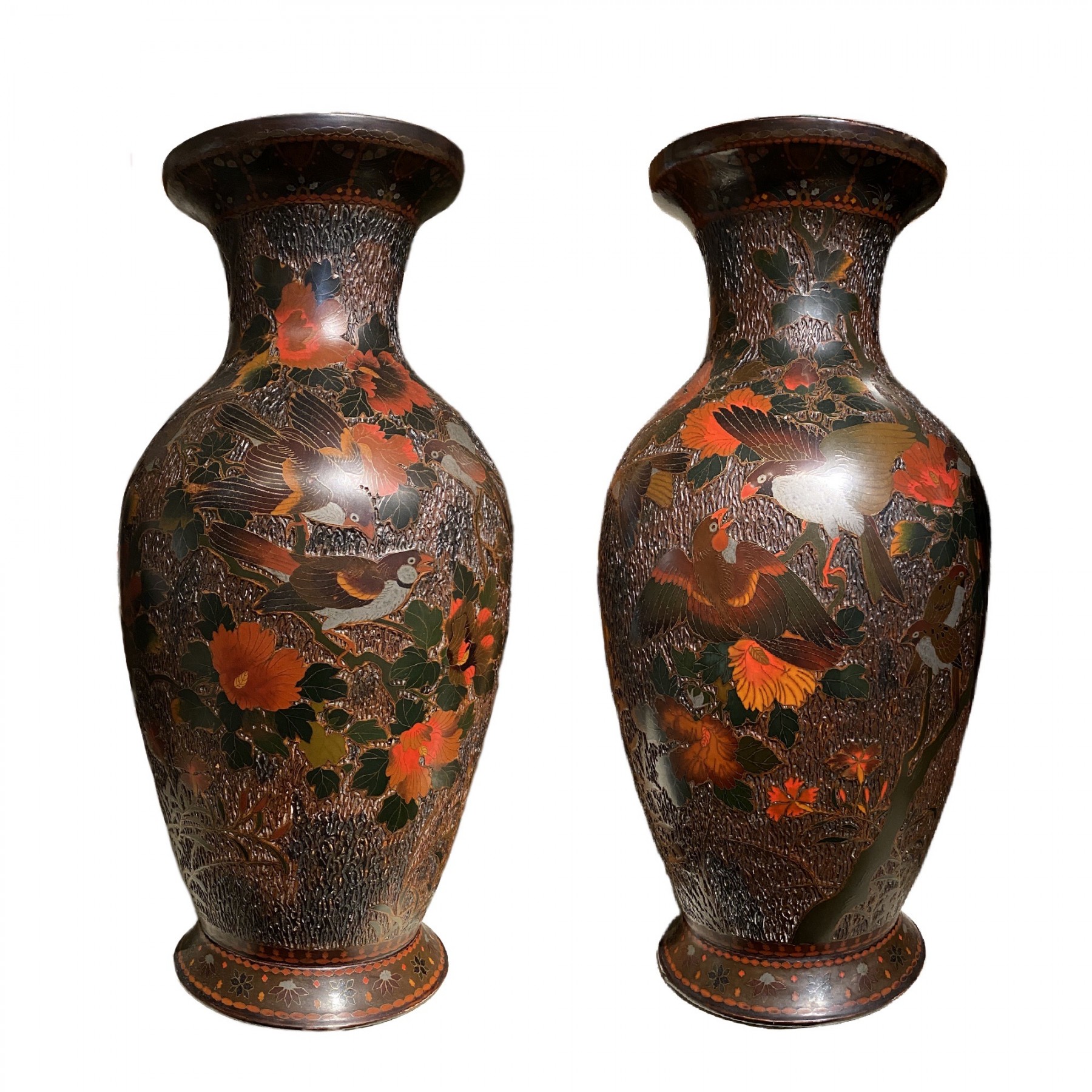 Large pair of lacquer cloisonne vases on porcelain Japan Meiji