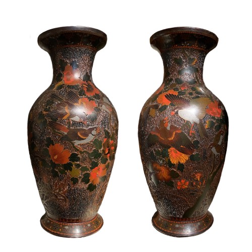 Large pair of lacquer cloisonne vases on porcelain, Japan Meiji period