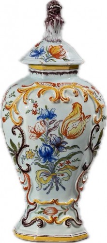Porcelain & Faience  - A Dutch Delft Polychrome five-piece vase garniture decorated with Dutch tul