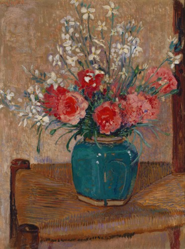 JAN SLUIJTERS (1881-1957) - Fleurs dans un pot sur une chaise en osier