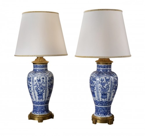 Pair of large Kangxi blue and white vases mounted as lamps.