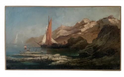 Bateau et pêcheurs au pied de la falaise, école française fin 19e