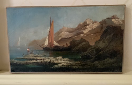 Bateau et pêcheurs au pied de la falaise, école française fin 19e - Tableaux et dessins Style Napoléon III