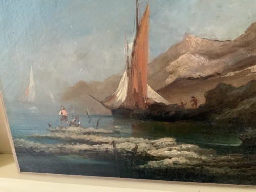 Tableaux et dessins Tableaux XIXe siècle - Bateau et pêcheurs au pied de la falaise, école française fin 19e