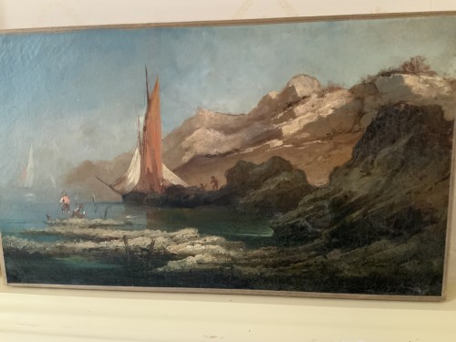 Bateau et pêcheurs au pied de la falaise, école française fin 19e - Danièle Fontaine Antiquaire
